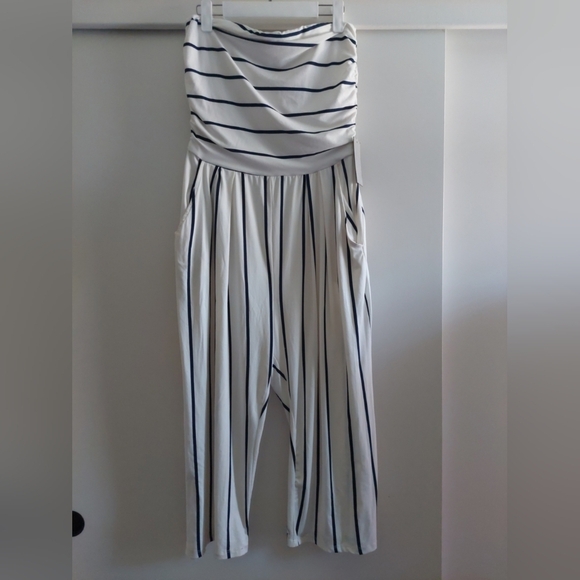 Soft Knit Nautical Stripe Pull-on Wide Leg Pants Romper Pockets Cropped Preppy - Picture 1 of 8